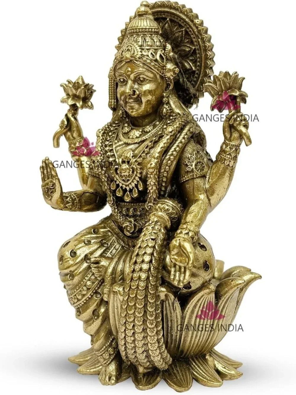 Brass Lakshmi Statue - Seated on Lotus, Ornate Religious Figurine for Home